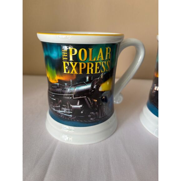 2 Polar Express Mugs with Embossed Train Yellow Stripe Rim; Northern Lights - Picture 8 of 9